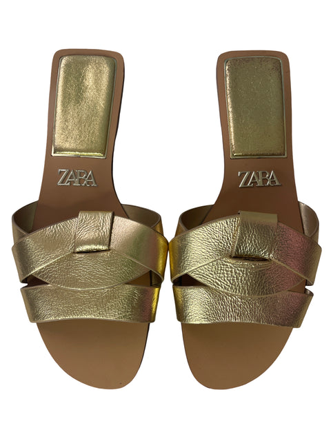 Sandalia Zara Tiras Destalonado Brillo Dorado - Talla 38