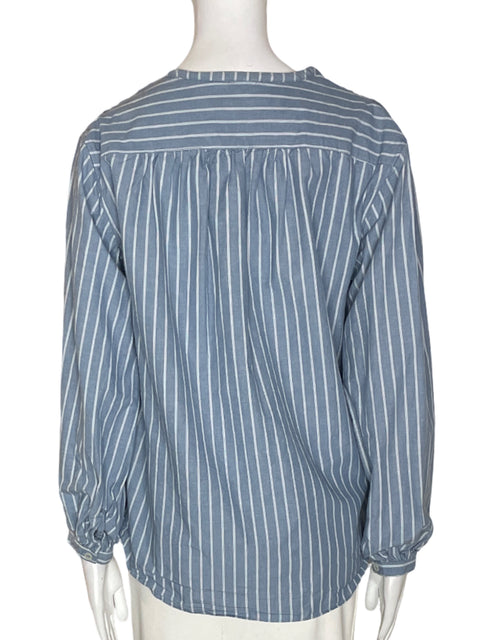 Blusa Zara de Algodón Rayas Cuello v Azul - Talla M
