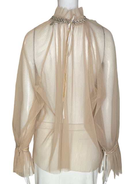 Blusa Gracia Transparente Pedreria Beige - Talla M