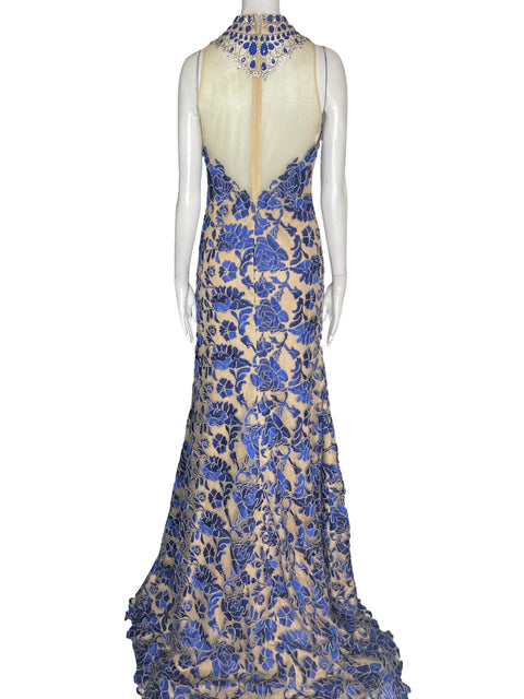 Vestido De Fiesta Terani Couture Maxi Pedreria Azul - Talla S