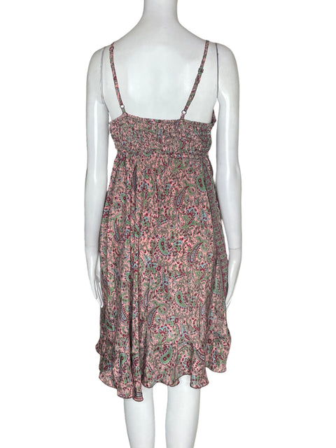 Vestido Made In India de Seda Estampado Tiras Rosado - Talla S