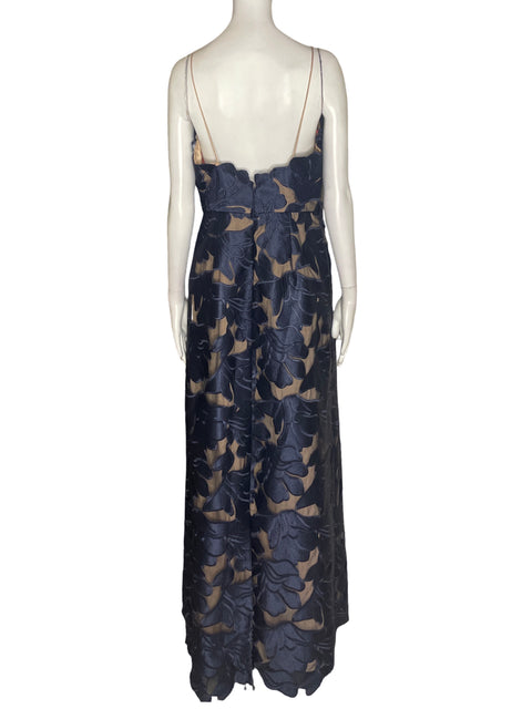 Vestido De Fiesta Monique Lhuillier Apliques Maxi Azul - Talla 10