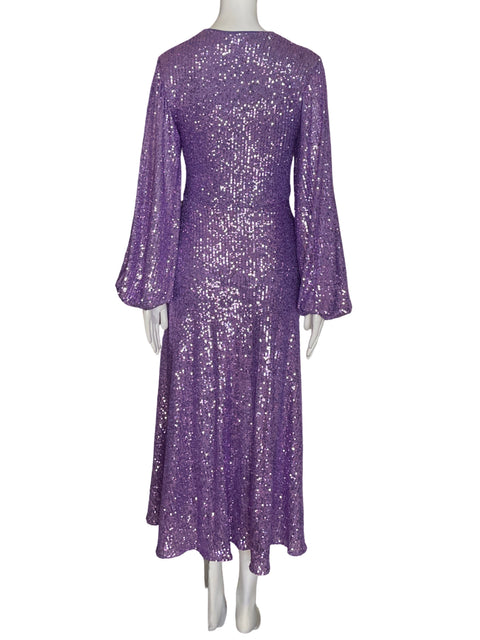 Vestido De Fiesta Rotate Lentejuela Abullonado Morado - Talla S