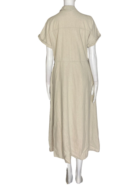 Vestido Zara de Lino Manga corta Midi Beige - Talla L