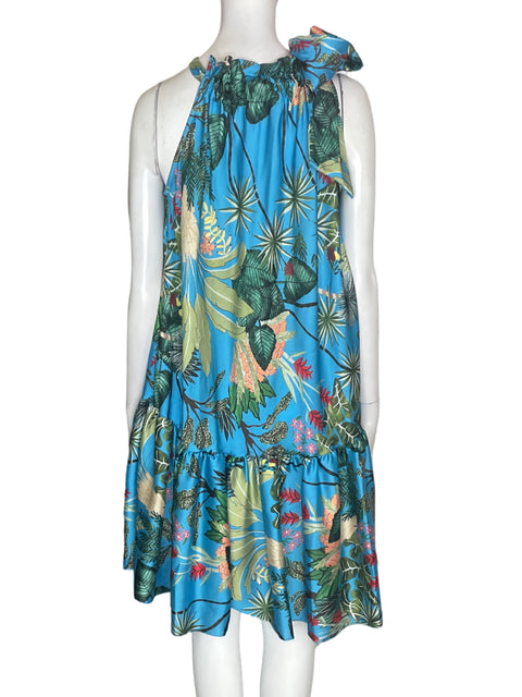 Vestido Tesoro Tps Ruchas Estampado Azul - Talla S