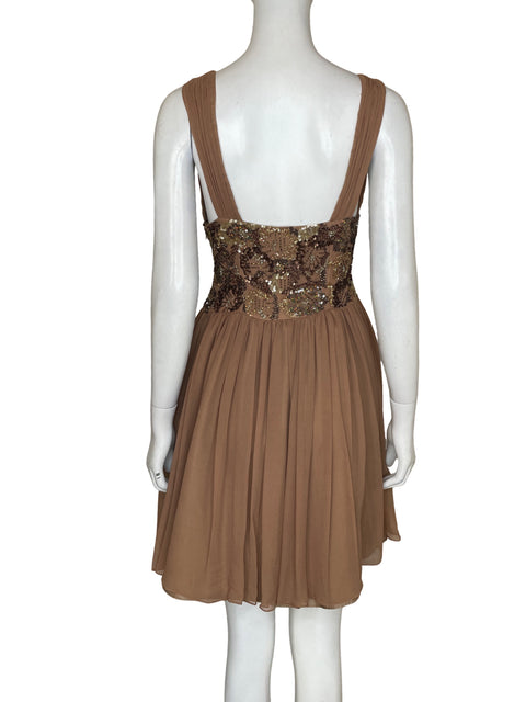 Vestido Scala de Seda Cuello v Lentejuelas Beige - Talla 2