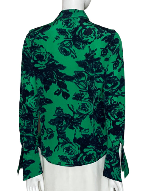 Camisa Raquel Orozco Print Floral de Seda Verde - Talla XS