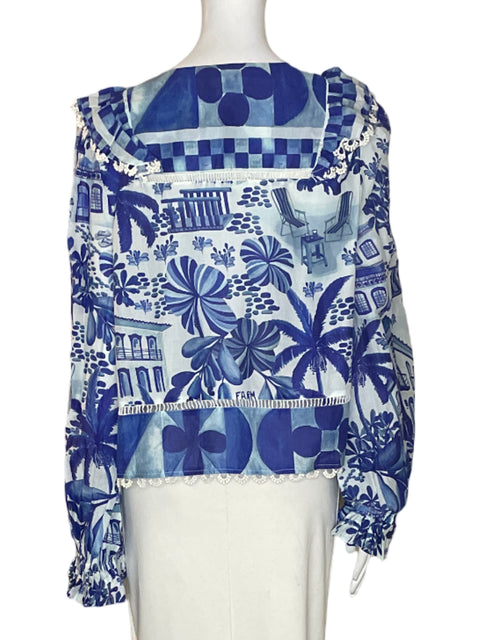 Blusa Farm Estampado Abullonado Azul - Talla XL