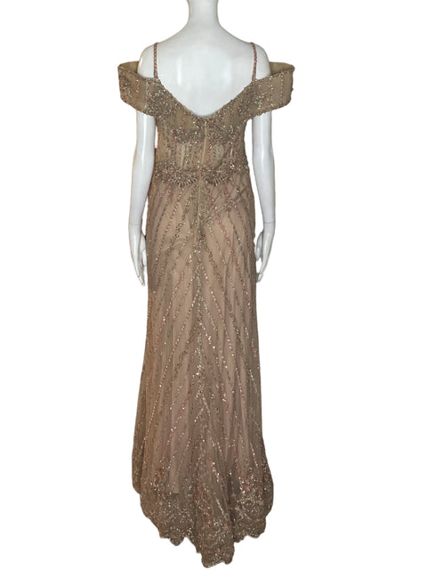 Vestido De Fiesta Tesoro Tps Lentejuelas Tiras Beige - Talla S