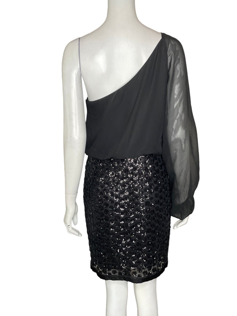 Vestido De Fiesta Shelli Segal Asimétrico Lentejuelas Negro - Talla 6