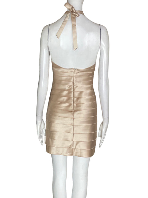 Vestido Bcbg Plisado Satinado Dorado - Talla 0