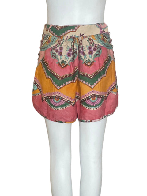 Short Zara de Lino Estampado Cinturon Rosado - Talla L