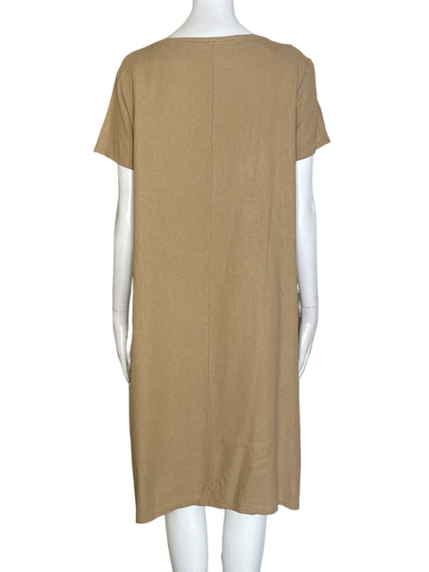Vestido Lechic de Lino Manga corta Suelto Beige - Talla S