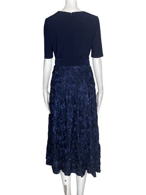 Vestido De Fiesta Alex Evenings Apliques Liso Azul - Talla 8
