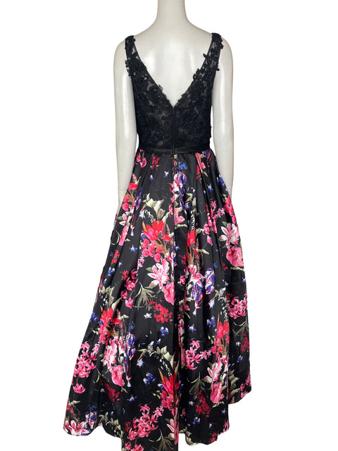 Vestido De Fiesta Jovani Cuello v Estampado Floral Negro - Talla S
