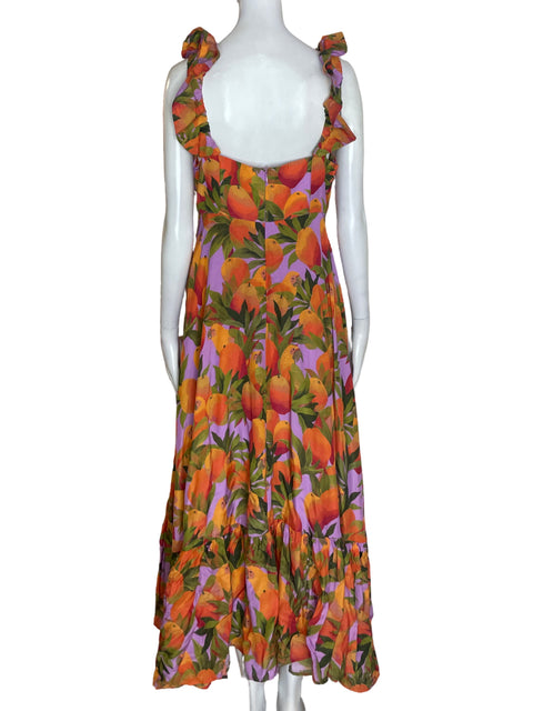 Vestido Farm de Algodón Estampado Ruchas Naranja - Talla M