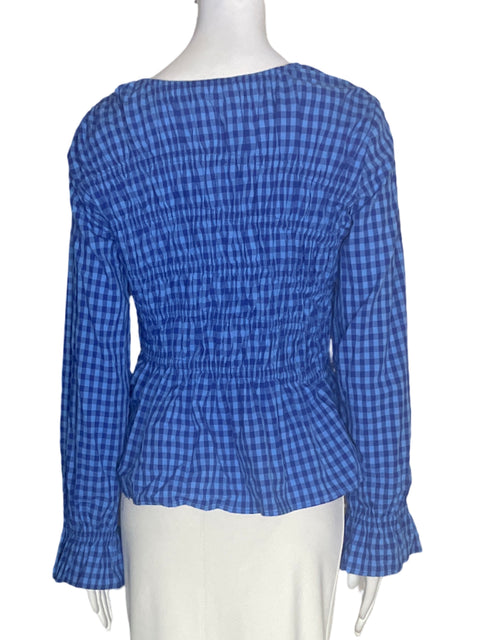 Blusa Zara de Algodón Cuadros Abullonado Azul - Talla L