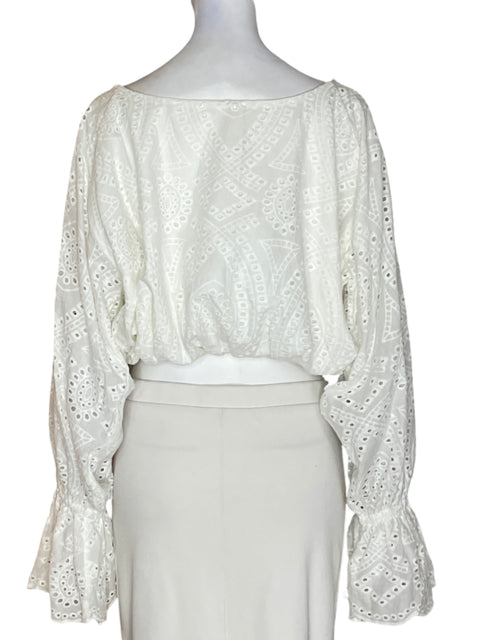 Blusa Adriana Fernandez de Algodón Abullonado Troquelado Blanco - Talla XS