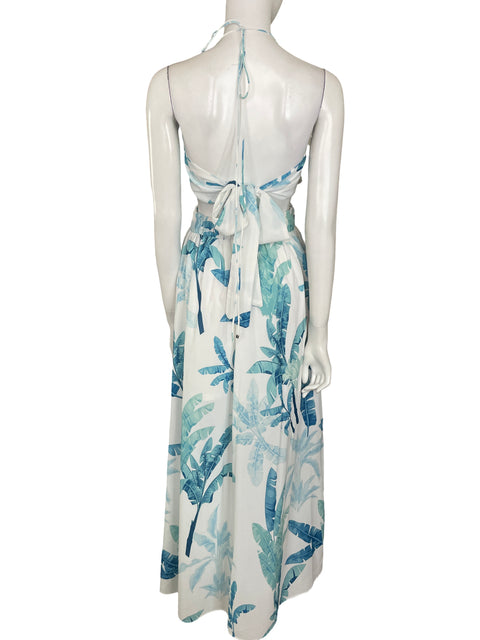 Vestido Chicways Maxi Estampado de hojas tropicales Volantes en cascadas Azul - Talla L