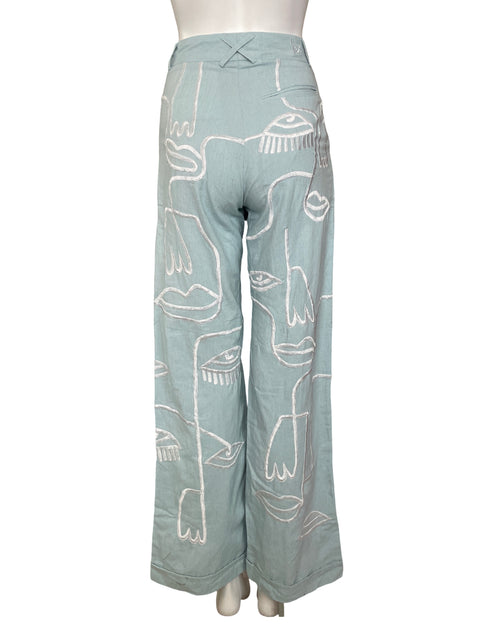 Pantalón Maison Les Enervés de Algodón Palazo Bordado Azul - Talla XS