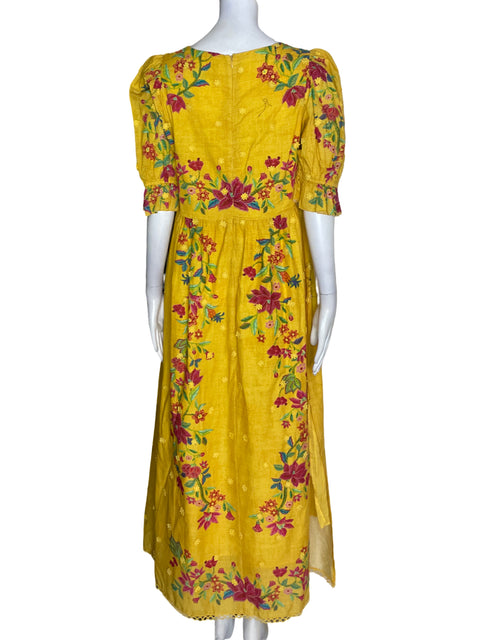 Vestido Farm de Algodón Abullonado Estampado Amarillo - Talla L