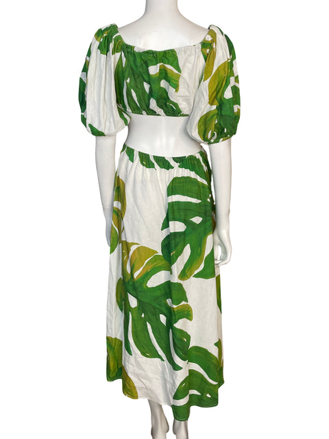 Vestido de Lino Estampado Midi Verde - Talla M
