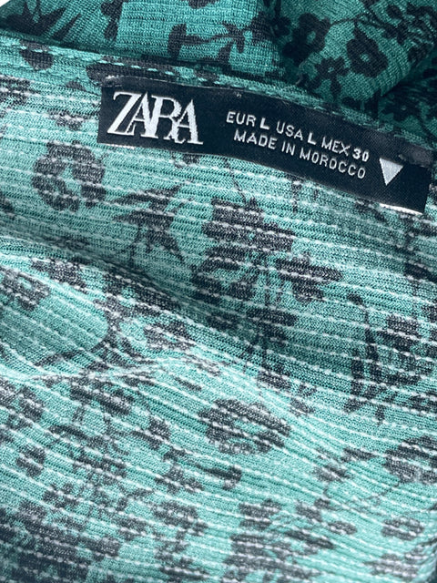 Vestido Zara Estampado Abullonado Fajon Verde - Talla L