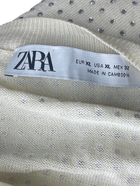 Blusa Zara Lentejuelas Manga larga Cuello redondo Beige - Talla XL