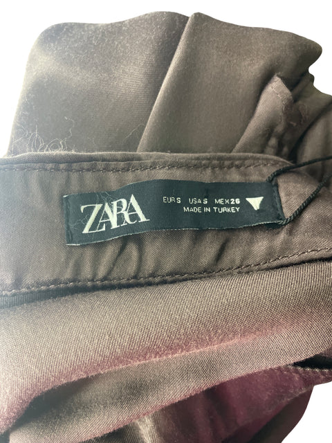 Falda Zara Recto Fruncido Seda Marrón - Talla S