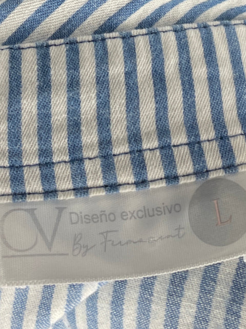 Camisa Cv Diseño Exclusivo Rayas Cinturón Algodón Azul - Talla L
