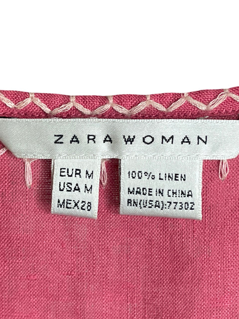 Vestido Zara de Lino Bordado Cuello v Rosado - Talla M