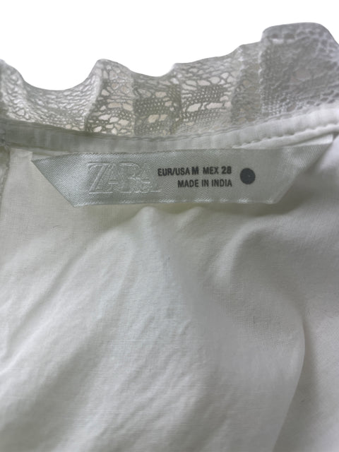 Blusa Zara de Algodón Abullonado Encaje Suelto Blanco - Talla M
