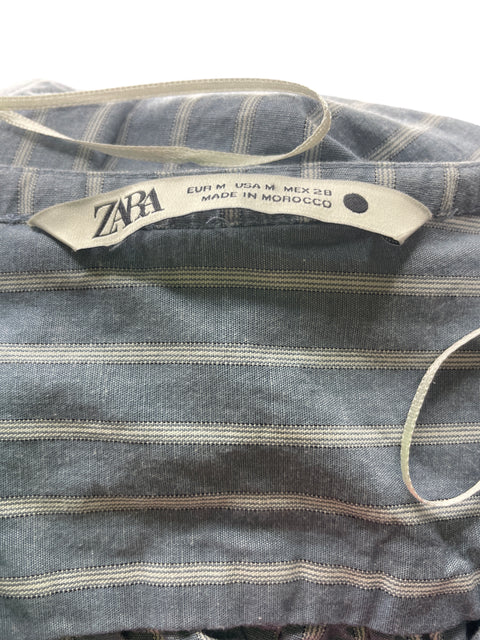 Blusa Zara de Algodón Rayas Cuello v Azul - Talla M