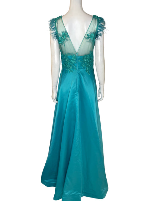 Vestido De Fiesta Tesoro Tps Apliques de plumas Azul - Talla 10