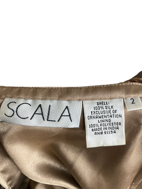 Vestido Scala de Seda Cuello v Lentejuelas Beige - Talla 2