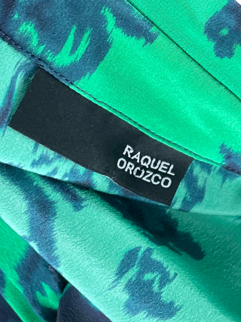 Camisa Raquel Orozco Print Floral de Seda Verde - Talla XS