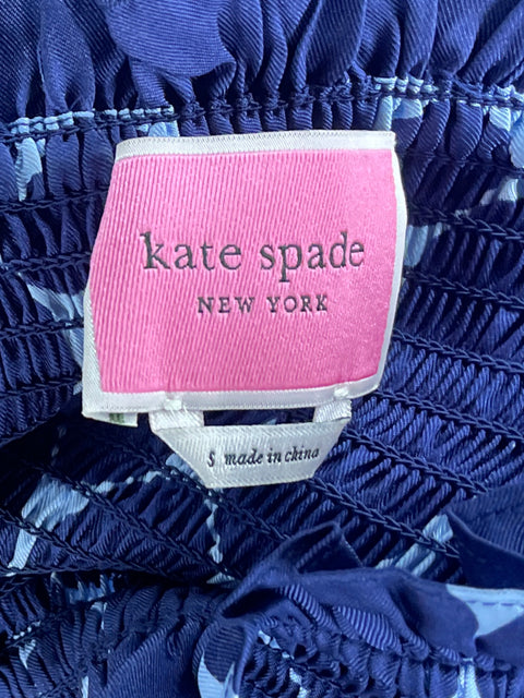 Vestido Kate Spade Joy Dot Silk Twill Smocked de Seda Azul - Talla S