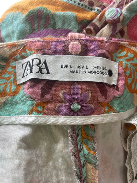 Short Zara de Lino Estampado Cinturon Rosado - Talla L