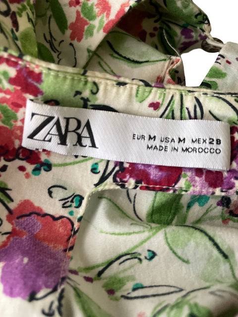 Vestido Zara de Algodón Midi Estampado floral Mangas cortas amplias Verde - Talla M