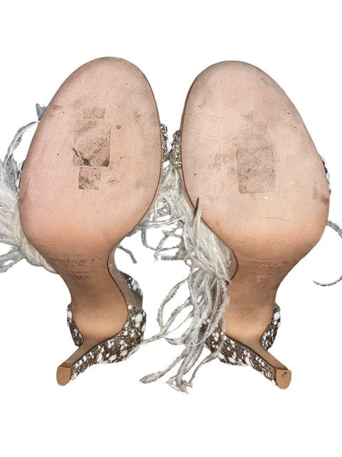 Zapato Jimmy Choo Viola 110 Con Cristales Y Borlas De Plumas De Avestruz Tacón alto Beige - Talla 7.5