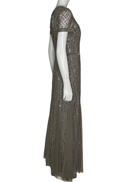 Vestido De Fiesta Adrianna Papell Largo Brillo Plateado - Talla 6